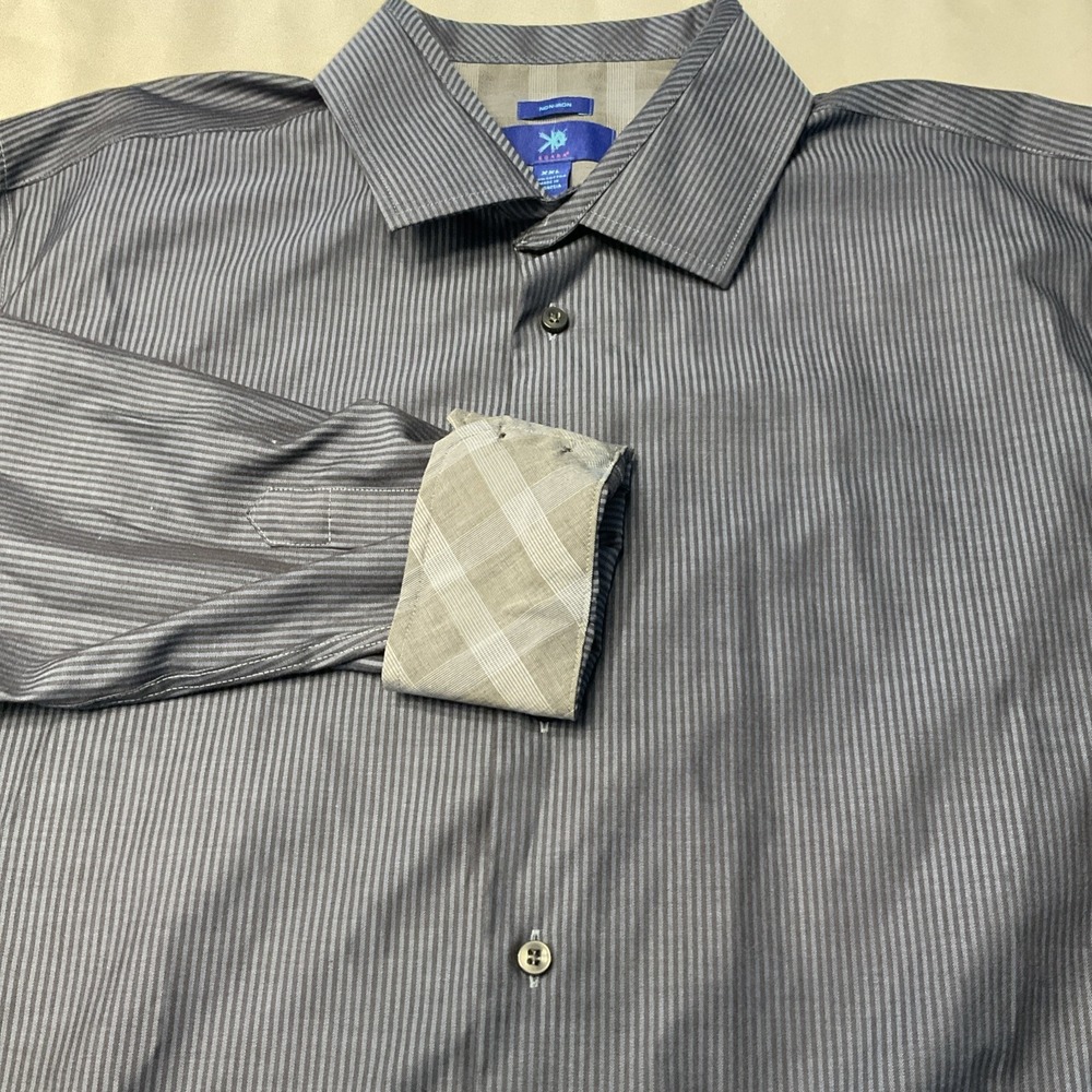 KO EGARA Men's XXL Blue Striped Button Up Shirt Grey Plaid Flip Cuff Cotton